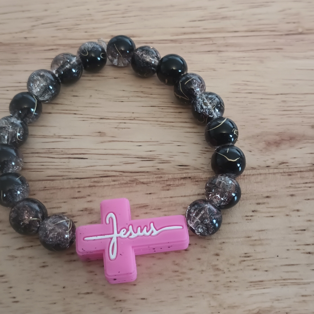 Pink And White Cross Bracelet With Black Beads